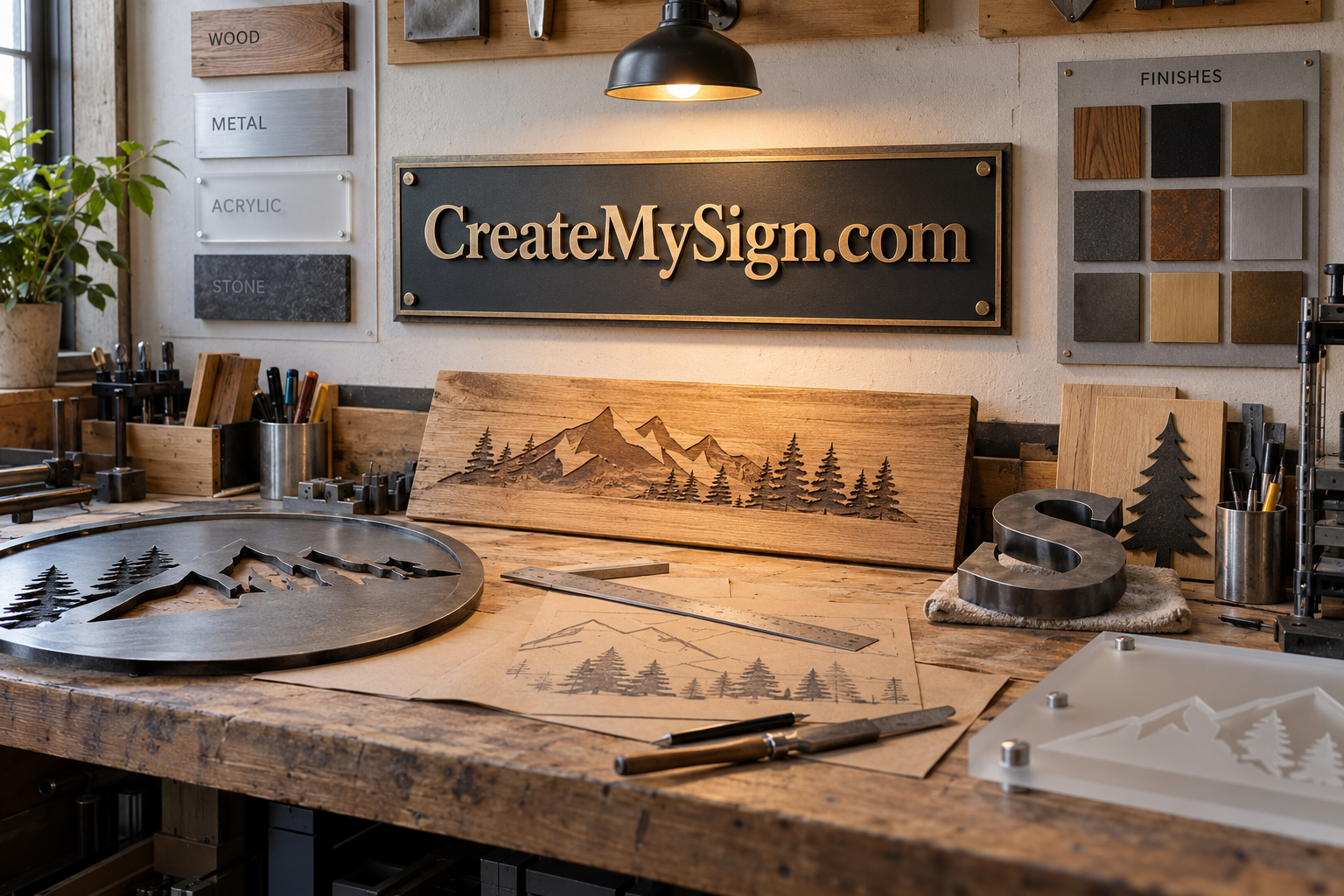 CreateMySign.com sign displayed in a custom sign workshop