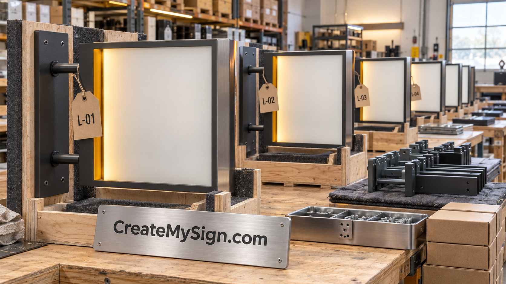 CreateMySign.com plate in front of a batch of retail signs in a workshop