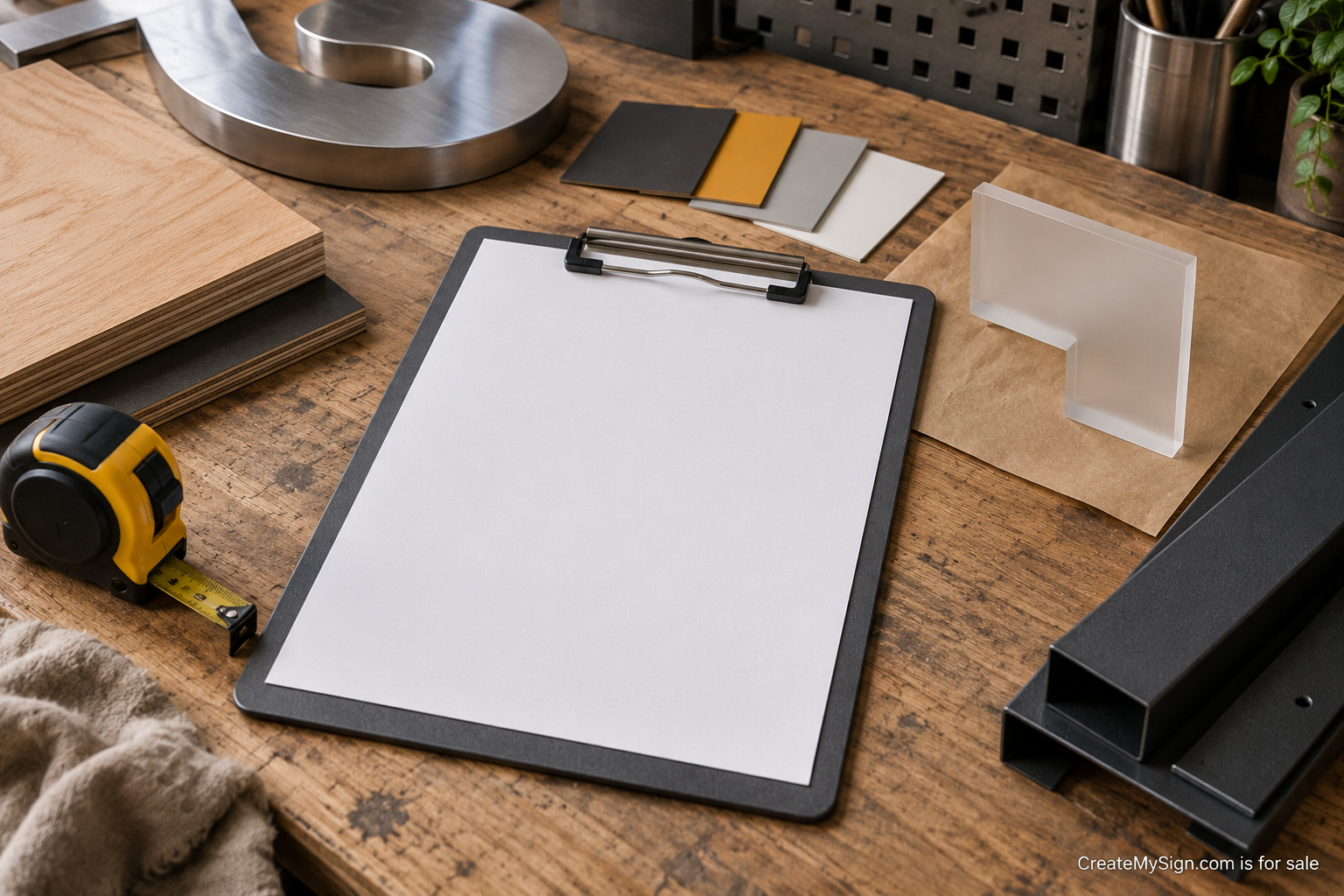 A blank project brief on a clipboard beside measuring tools and sign materials