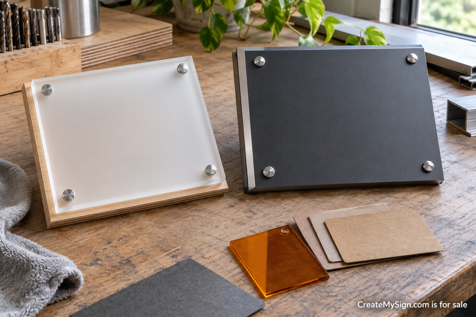 Brushed metal, wood, acrylic, and film samples for signs