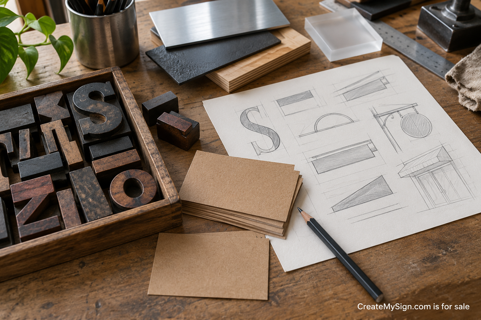 Signage business naming sketches with CreateMySign.com sale line