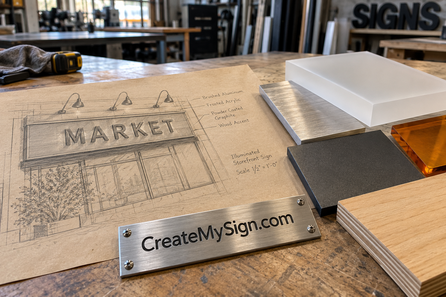 CreateMySign.com sign with wood and metal samples on a workshop table